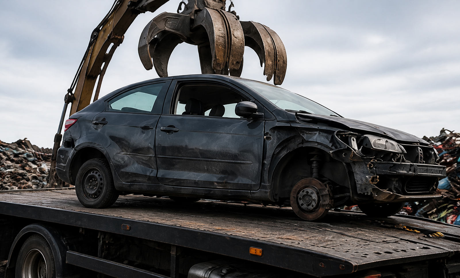 Damaged dark car on a flatbed beneath a scrapyard crane claw