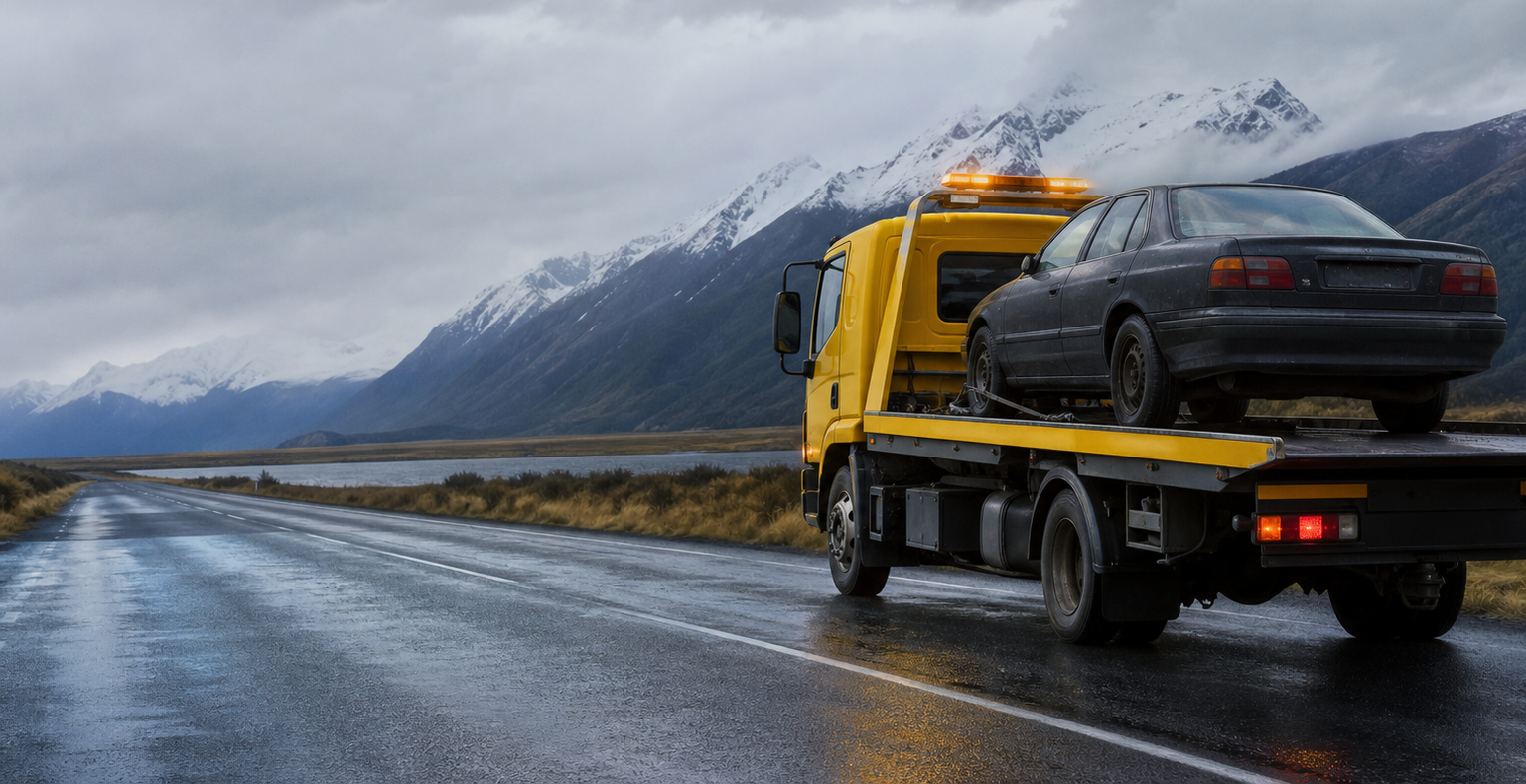 Yellow tow truck carrying an unwanted car on a South Island road
