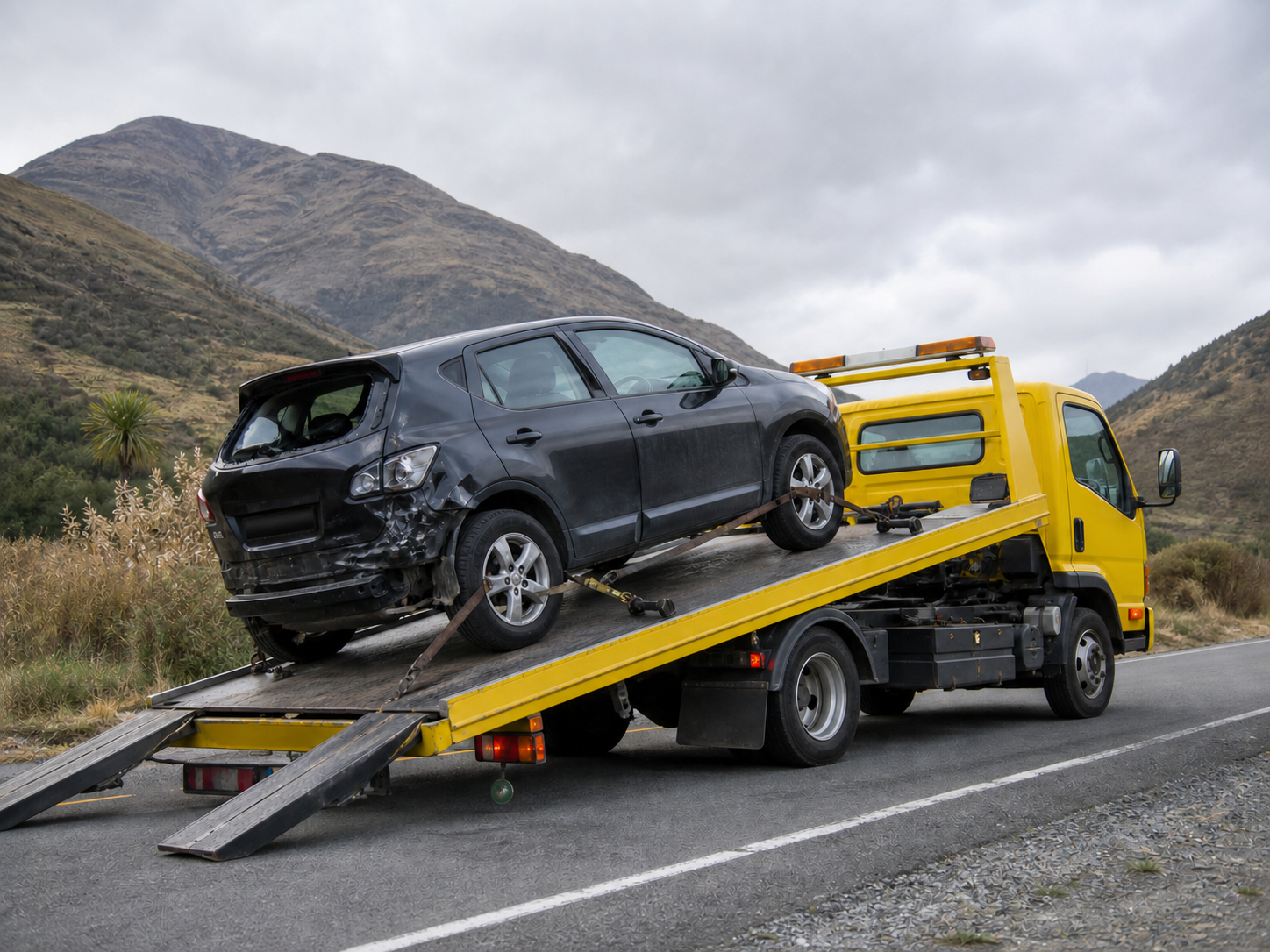 Damaged car being loaded onto a tow truck in the South Island